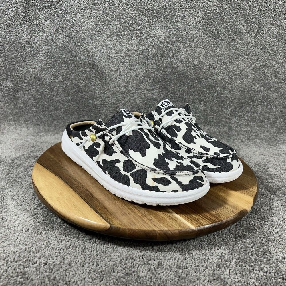 Hey Dude Wendy Slip Classic Women’s Sz 8 White Black Cow Print Loafer Shoes Used